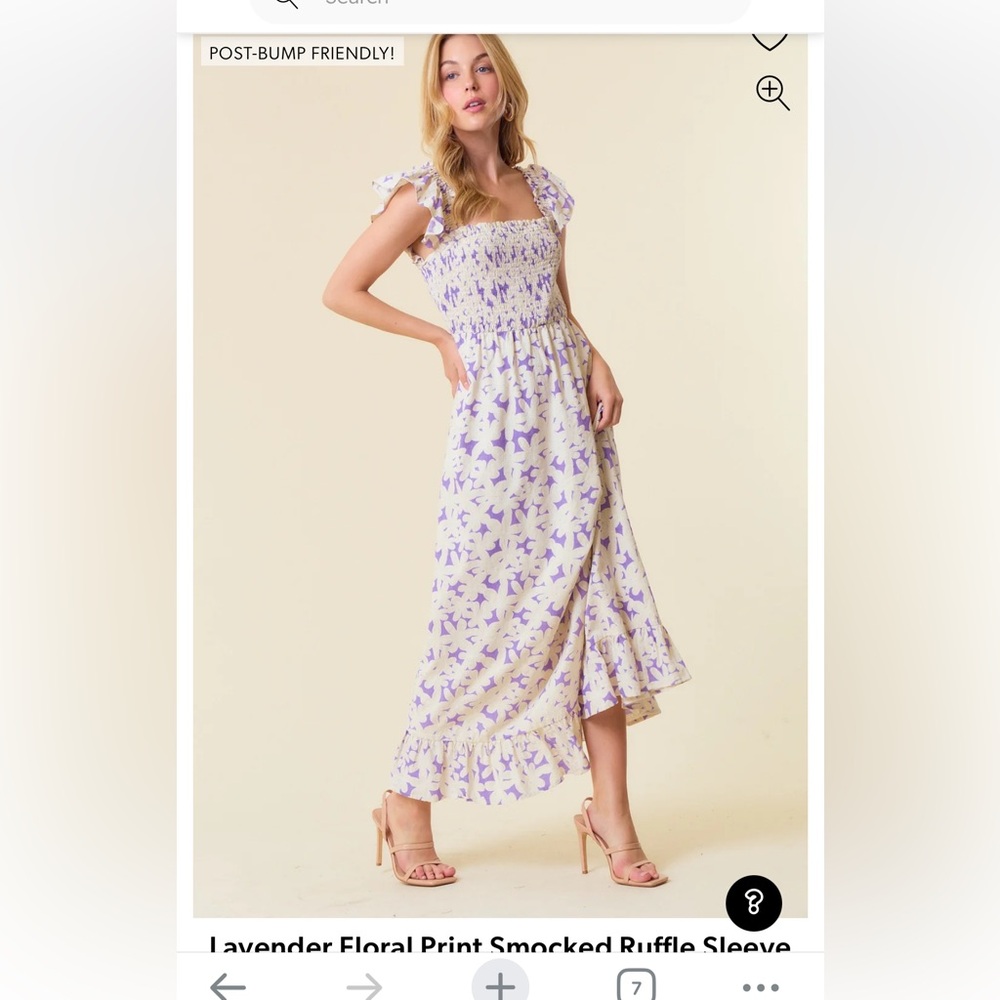 Lavender Floral Print Smocked Ruffle Sleeve Dress